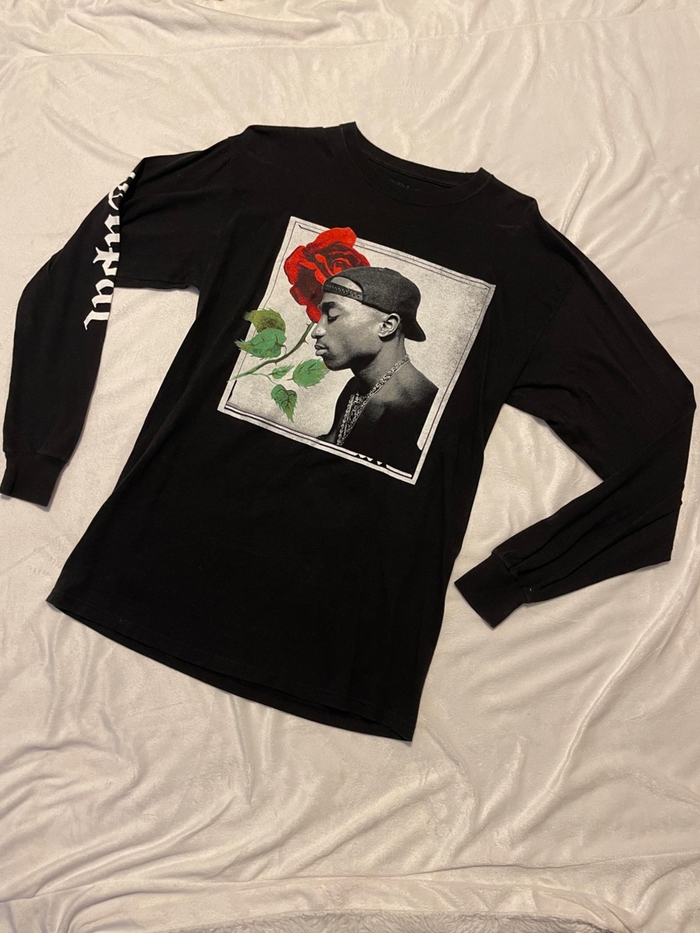 2pac Black Long Tee with Rose Portrait of Tupac